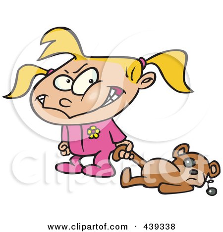 Royalty-Free (RF) Clip Art Illustration of a Cartoon Terrible Two Year Old Girl Dragging Her Teddy Bear by toonaday
