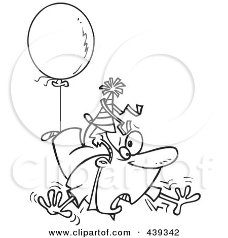 Royalty-Free (RF) Clip Art Illustration of a Cartoon Black And White Outline Design Of An Awry Man Floating Away With A Party Balloon by toonaday