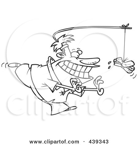 Royalty-Free (RF) Clip Art Illustration of a Cartoon Black And White Outline Design Of A Man Chasing A Hot Dog As Incentive by toonaday