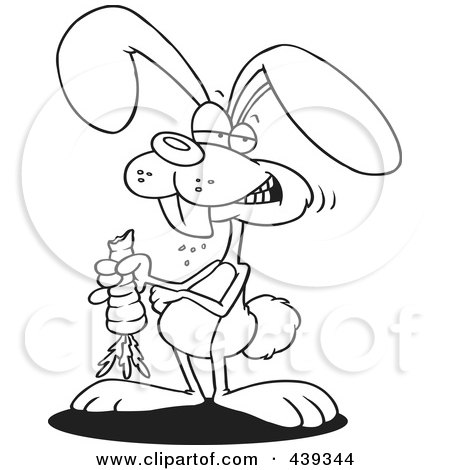 Royalty-Free (RF) Clip Art Illustration of a Cartoon Black And White Outline Design Of A Rabbit Munching On A Carrot by toonaday