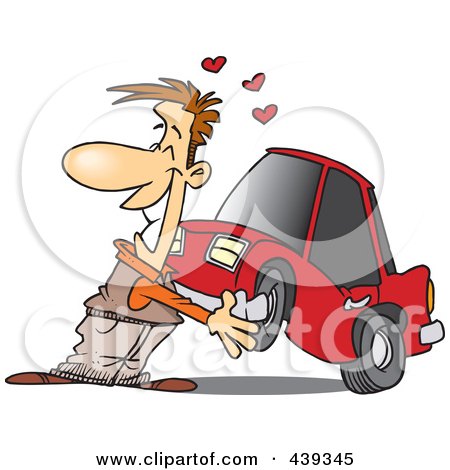 Royalty-Free (RF) Clip Art Illustration of a Cartoon Man Cuddling With His Car by toonaday