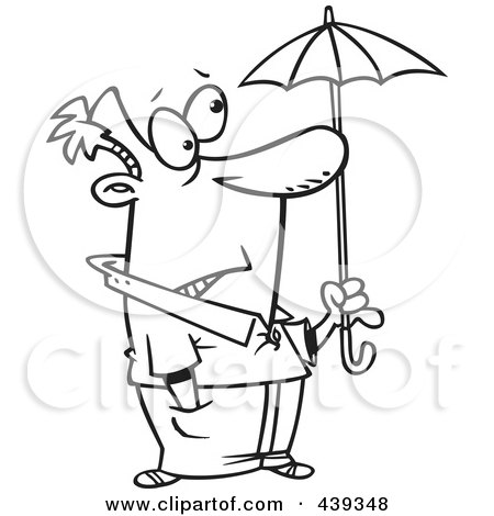 Royalty-Free (RF) Clip Art Illustration of a Cartoon Black And White Outline Design Of An Ill Prepared Man Holding A Tiny Umbrella by toonaday