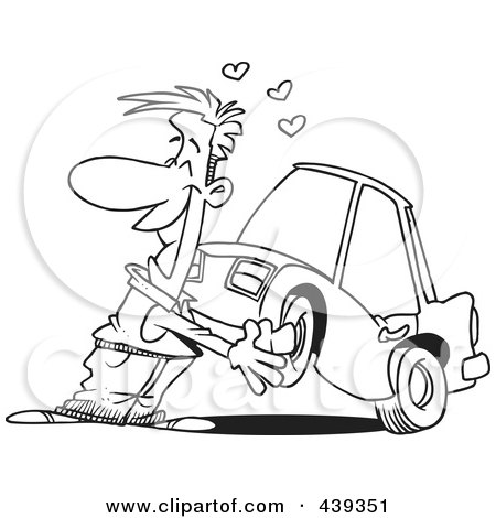 Royalty-Free (RF) Clip Art Illustration of a Cartoon Black And White Outline Design Of A Man Cuddling With His Car by toonaday