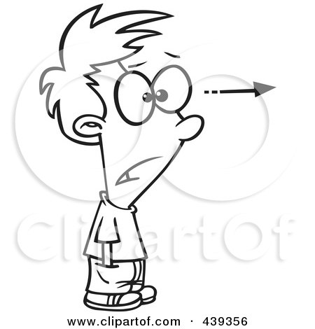 Royalty-Free (RF) Clip Art Illustration of a Cartoon Black And White Outline Design Of A Stunned Boy Focusing His Attention by toonaday