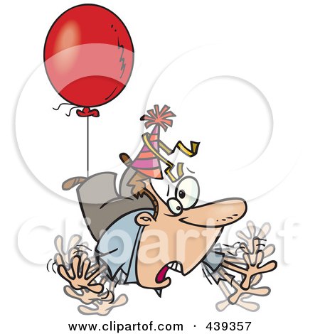 Royalty-Free (RF) Clip Art Illustration of a Cartoon Awry Man Floating Away With A Party Balloon by toonaday