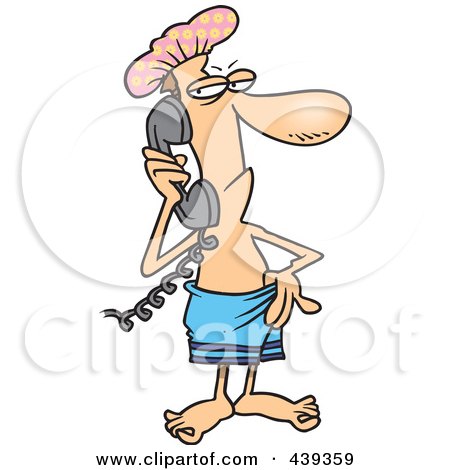 Royalty-Free (RF) Clip Art Illustration of a Cartoon Man In A Towel, Answering An Inconvenient Phone Call by toonaday