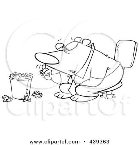 Royalty-Free (RF) Clip Art Illustration of a Cartoon Black And White Outline Design Of A Bored Business Bear Tossing Crumpled Paper In The Trash by toonaday