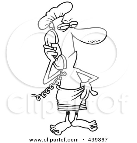Royalty-Free (RF) Clip Art Illustration of a Cartoon Black And White Outline Design Of A Man In A Towel, Answering An Inconvenient Phone Call by toonaday