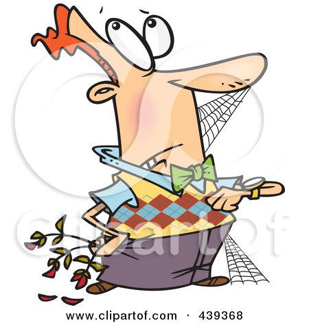 Royalty-Free (RF) Clip Art Illustration of a Cartoon Patient Man Covered In Cobwebs, Roses Dying by toonaday