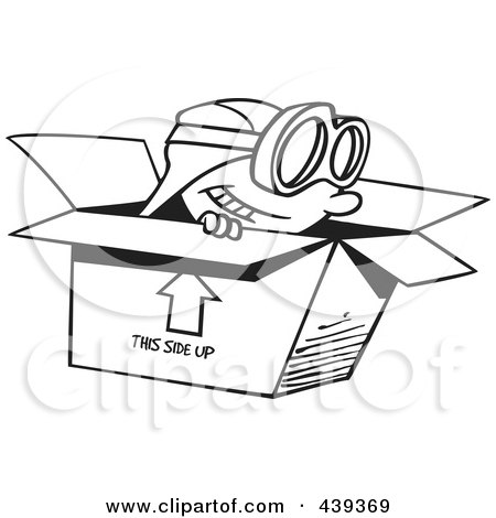 Royalty-Free (RF) Clip Art Illustration of a Cartoon Black And White Outline Design Of A Boy Wearing Goggles And Pretending To Fly In A Box by toonaday