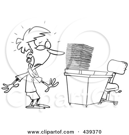 Royalty-Free (RF) Clip Art Illustration of a Cartoon Black And White Outline Design Of A Businesswoman With A Piled Inbox by toonaday