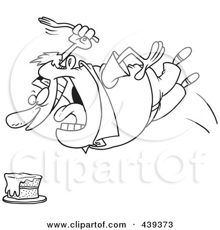 Royalty-Free (RF) Clip Art Illustration of a Cartoon Black And White Outline Design Of A Chubby Man Diving For Cake by toonaday