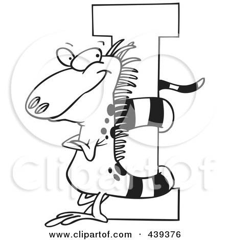 Royalty-Free (RF) Clip Art Illustration of a Cartoon Black And White Outline Design Of An Iguana With His Tail Wrapped Around An I by toonaday