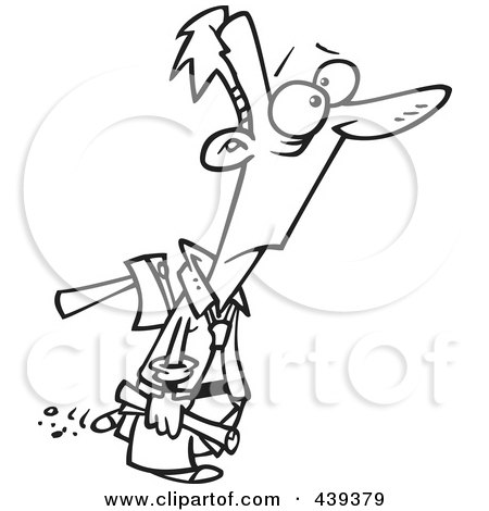 Royalty-Free (RF) Clip Art Illustration of a Cartoon Black And White Outline Design Of A Businessman Walking With An Axe In His Back by toonaday