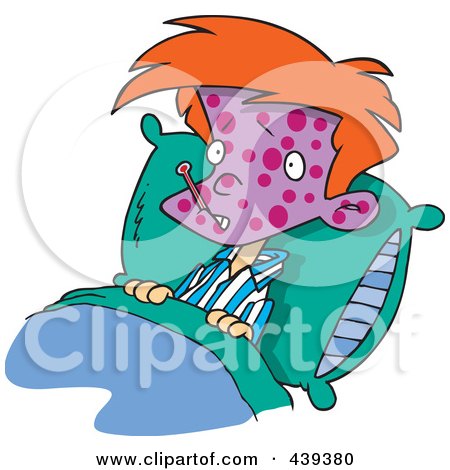 Royalty-Free (RF) Clip Art Illustration of a Cartoon Sick Spotted Boy In Bed With A Thermometer by toonaday