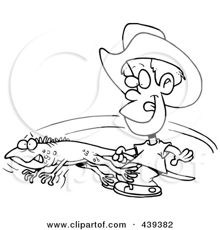 Royalty-Free (RF) Clip Art Illustration of a Cartoon Black And White Outline Design Of A Boy Catching An Iguana by toonaday