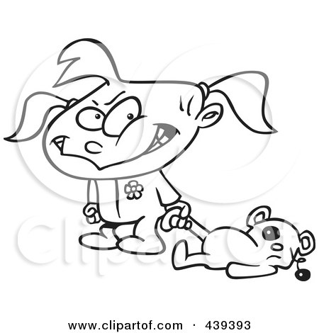 Royalty-Free (RF) Clip Art Illustration of a Cartoon Black And White Outline Design Of A Terrible Two Year Old Girl Dragging Her Teddy Bear by toonaday