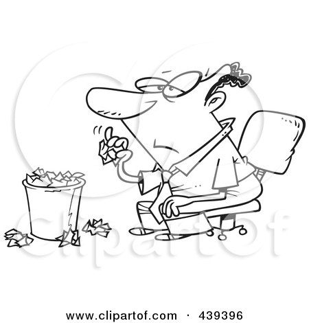Royalty-Free (RF) Clip Art Illustration of a Cartoon Black And White Outline Design Of A Bored Black Businessman Tossing Crumpled Paper In The Trash by toonaday
