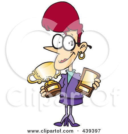 Royalty-Free (RF) Clip Art Illustration of a Cartoon Proud Businesswoman Showing Her Awards by toonaday