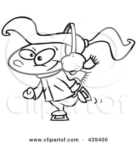 Royalty-Free (RF) Clip Art Illustration of a Cartoon Black And White Outline Design Of A Happy Ice Skating Girl by toonaday