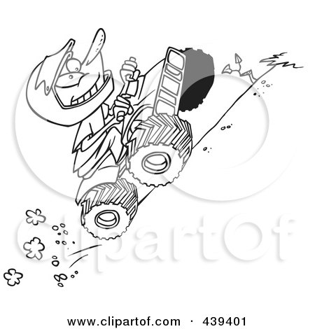 Royalty-Free (RF) Clip Art Illustration of a Cartoon Black And White Outline Design Of A Boy Riding An ATV Uphill by toonaday
