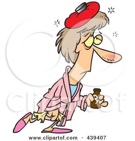 Royalty-Free (RF) Clip Art Illustration of a Cartoon Sick Woman With An Ice Pack On Her Head by toonaday