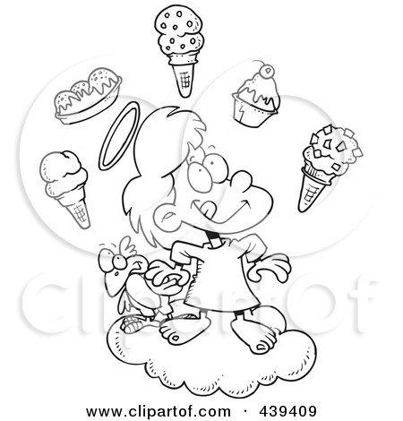 Royalty-Free (RF) Clip Art Illustration of a Cartoon Black And White Outline Design Of A Girl In Heaven With Ice Cream by toonaday
