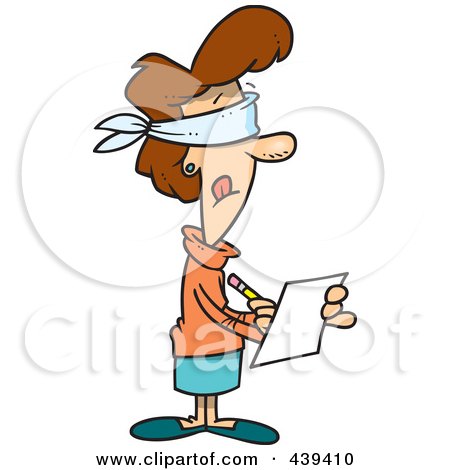 Royalty-Free (RF) Clip Art Illustration of a Cartoon Blindfolded Woman Taking Impartial Notes by toonaday