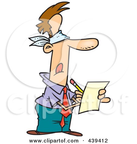 Royalty-Free (RF) Clip Art Illustration of a Cartoon Blindfolded Businessman Writing A Review by toonaday