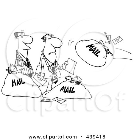 Royalty-Free (RF) Clip Art Illustration of a Cartoon Black And White Outline Design Of Businessmen And Incoming Mail by toonaday
