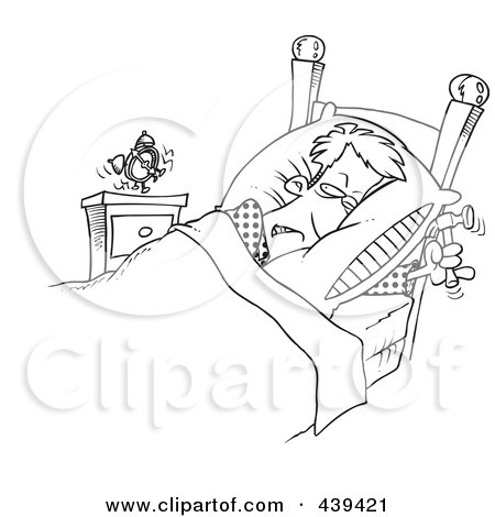 Royalty-Free (RF) Clip Art Illustration of a Cartoon Black And White Outline Design Of A Man Ready To Beat An Alarm Clock With A Hammer by toonaday