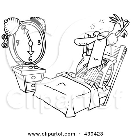 Royalty-Free (RF) Clip Art Illustration of a Cartoon Black And White Outline Design Of A Man Tuning Out An Alarm Clock With Ear Muffs by toonaday