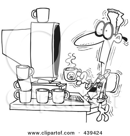 Royalty-Free (RF) Clip Art Illustration of a Cartoon Black And White Outline Design Of A Jittery Businessman Drinking Another Cup Of Coffee At A Computer by toonaday