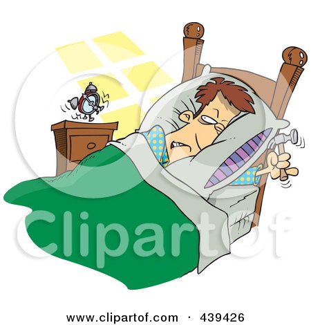 Royalty-Free (RF) Clip Art Illustration of a Cartoon Man Ready To Beat An Alarm Clock With A Hammer by toonaday