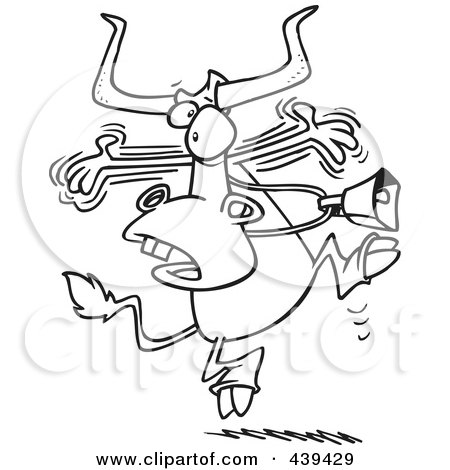 Royalty-Free (RF) Clip Art Illustration of a Cartoon Black And White Outline Design Of An Alarmed Bull by toonaday