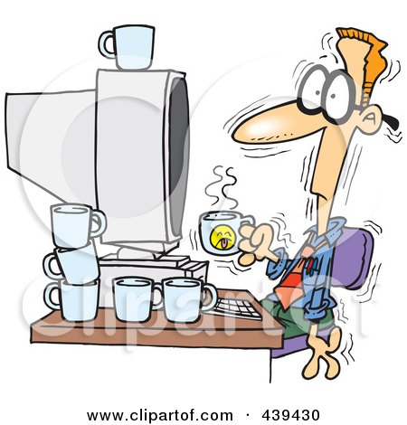 Royalty-Free (RF) Clip Art Illustration of a Cartoon Jittery Businessman Drinking Another Cup Of Coffee At A Computer by toonaday