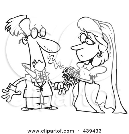 Royalty-Free (RF) Clip Art Illustration of a Cartoon Black And White Outline Design Of A Groom Allergic To His Bride's Bouquet by toonaday