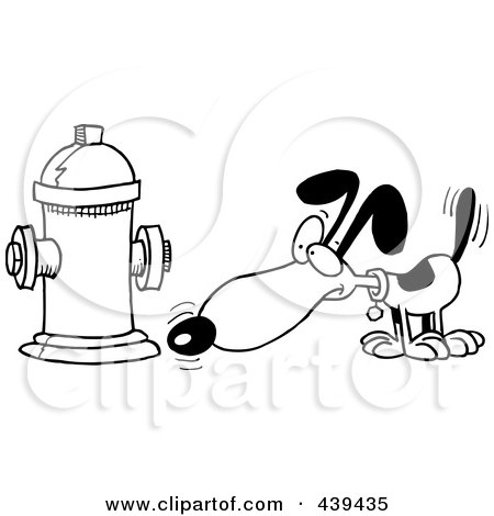 Royalty-Free (RF) Clip Art Illustration of a Cartoon Black And White Outline Design Of A Dog Anticipating Relieving Himself On A Hydrant by toonaday