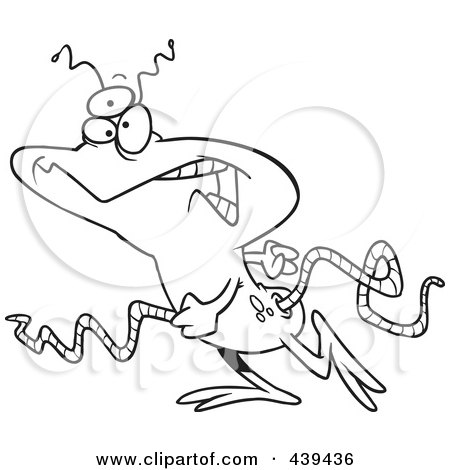 Royalty-Free (RF) Clip Art Illustration of a Cartoon Black And White Outline Design Of A Walking Alien by toonaday