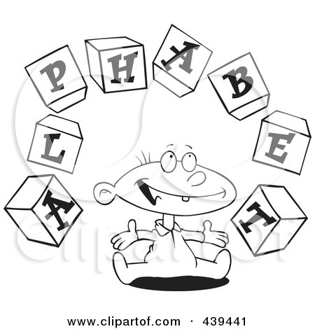 Royalty-Free (RF) Clip Art Illustration of a Cartoon Black And White Outline Design Of A Baby Playing With Alphabet Blocks by toonaday