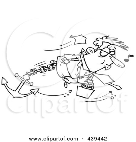 Royalty-Free (RF) Clip Art Illustration of a Cartoon Black And White Outline Design Of A Businessman Sinking With An Anchor by toonaday