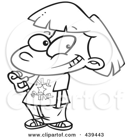 Royalty-Free (RF) Clip Art Illustration of a Cartoon Black And White Outline Design Of An All Star Girl by toonaday
