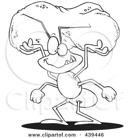 Royalty-Free (RF) Clip Art Illustration of a Cartoon Black And White Outline Design Of A Worker Ant Carrying A Crumb by toonaday