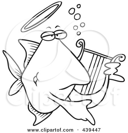 Royalty-Free (RF) Clip Art Illustration of a Cartoon Black And White Outline Design Of An Angelfish Playing A Lyre by toonaday