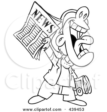 Royalty-Free (RF) Clip Art Illustration of a Cartoon Black And White Outline Design Of A News Boy Yelling An Announcement by toonaday