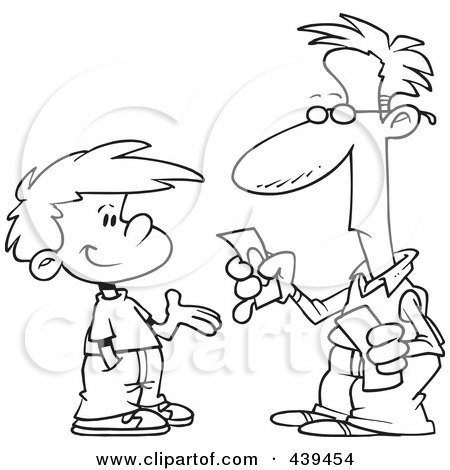 Royalty-Free (RF) Clip Art Illustration of a Cartoon Black And White Outline Design Of A Father Paying His Son Allowance by toonaday