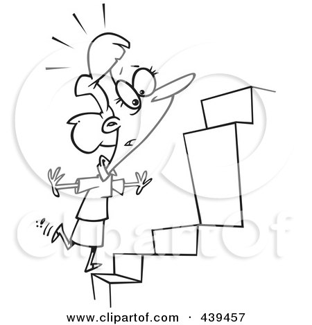 Royalty-Free (RF) Clip Art Illustration of a Cartoon Black And White Outline Design Of A Businesswoman Noticing An Inconsistency In Steps by toonaday