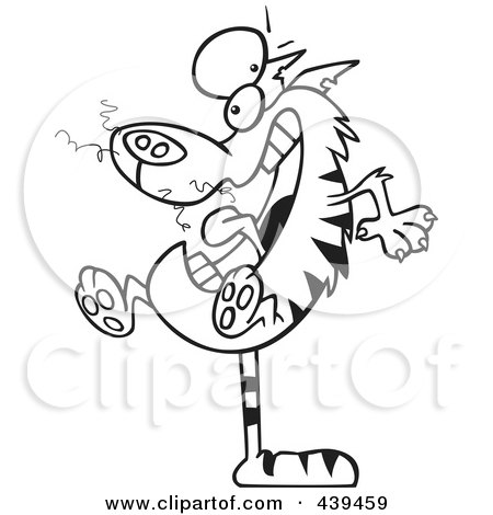 Royalty-Free (RF) Clip Art Illustration of a Cartoon Black And White Outline Design Of A Mad Cat Balanced On His Tail by toonaday