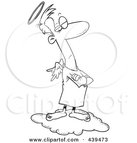 Royalty-Free (RF) Clip Art Illustration of a Cartoon Black And White Outline Design Of A Stubborn Angel Man by toonaday