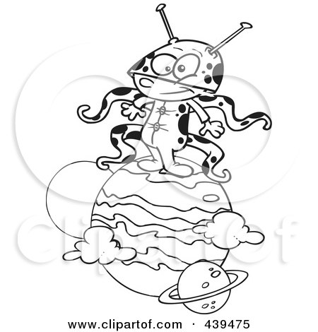 Royalty-Free (RF) Clip Art Illustration of a Cartoon Black And White Outline Design Of A Boy Alien On A Planet by toonaday